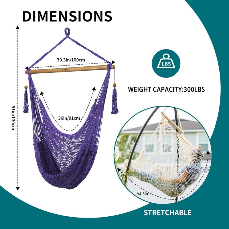 JoyView Hammock Chair with Spreader Bar Caribbean Hammock Swing Chair 300 LBS Weight Capacity XL Rope Hanging Chair for Outdoor Indoor Garden Yard - Purple - Image 2